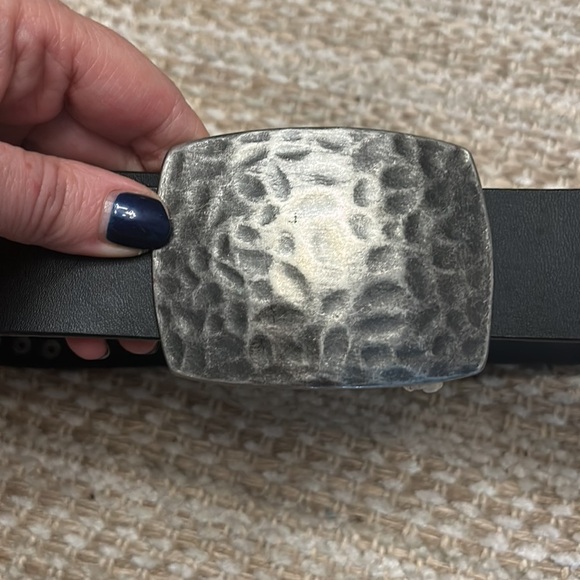 Black Leather studded belt with Silver pounded metal buckle size 34 main image 5
